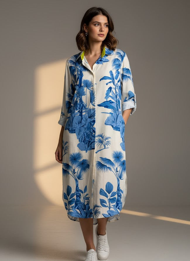 Evie Dress Blue Palm Print-DRESSES-kindacollection-Kinda