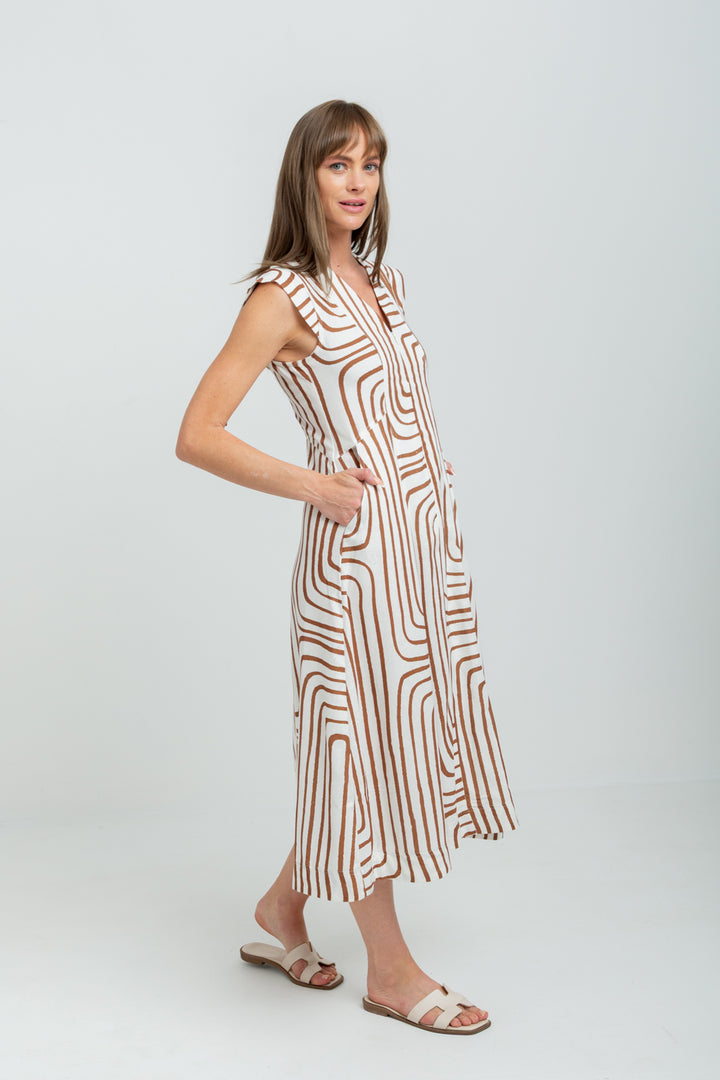 Gianna Dress Brown Geo Cap Sleeve-DRESSES-kindacollection-Kinda