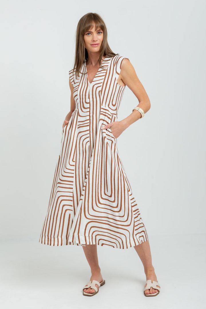 Gianna Dress Brown Geo Cap Sleeve-DRESSES-kindacollection-Kinda