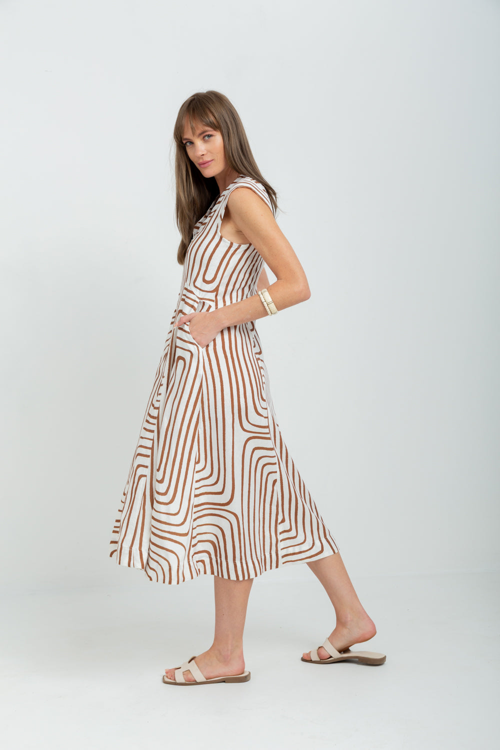 Gianna Dress Brown Geo Cap Sleeve-DRESSES-kindacollection-Kinda