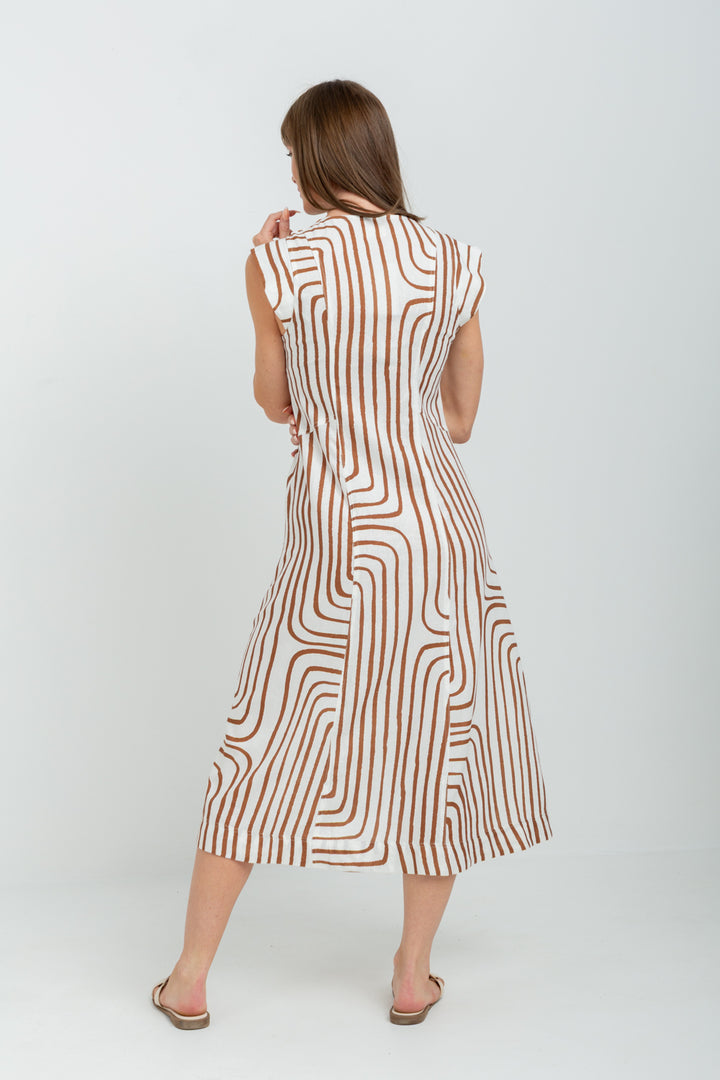 Gianna Dress Brown Geo Cap Sleeve-DRESSES-kindacollection-Kinda