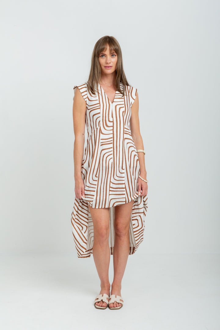 Gianna Dress Brown Geo Cap Sleeve-DRESSES-kindacollection-Kinda