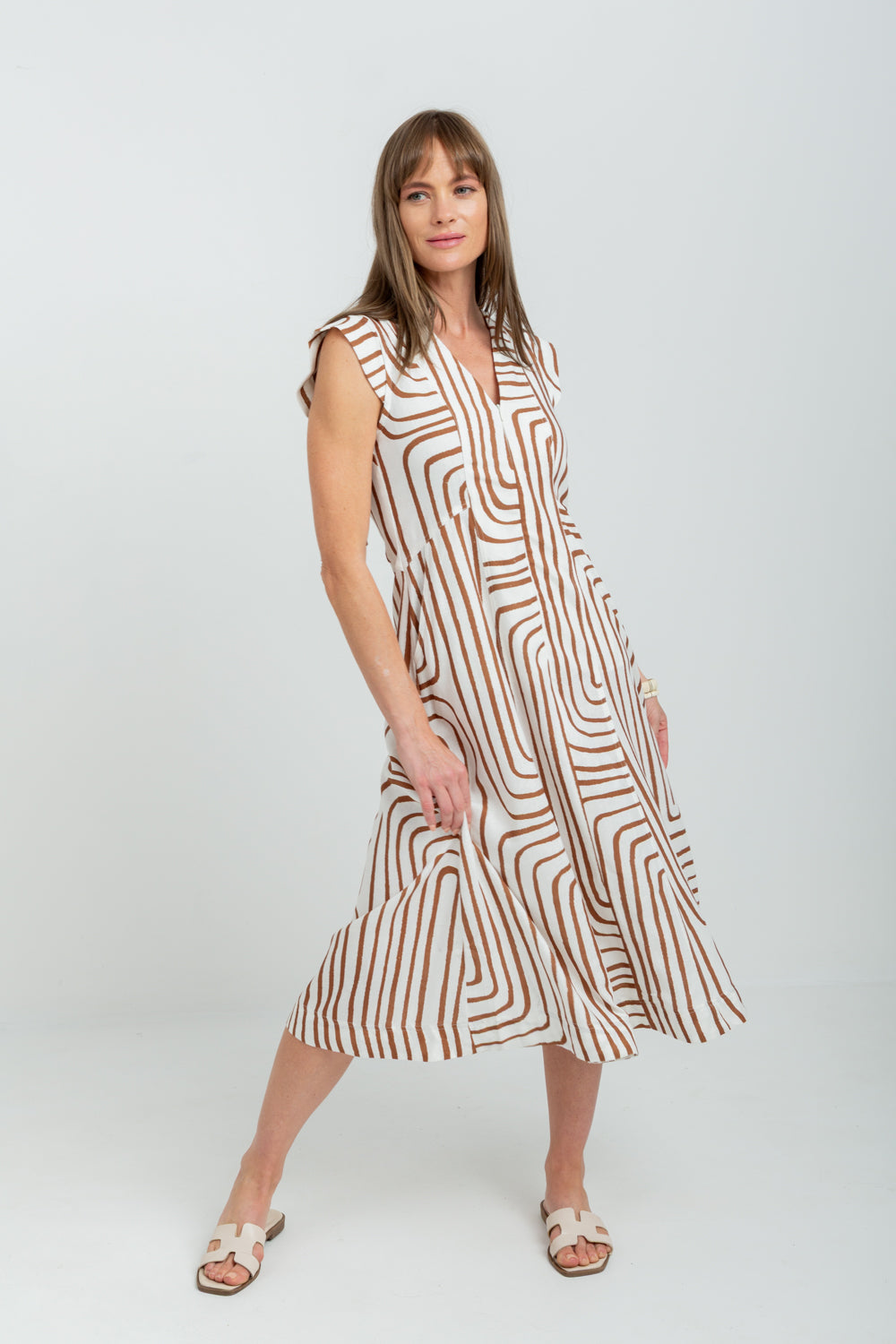 Gianna Dress Brown Geo Cap Sleeve-DRESSES-kindacollection-Kinda
