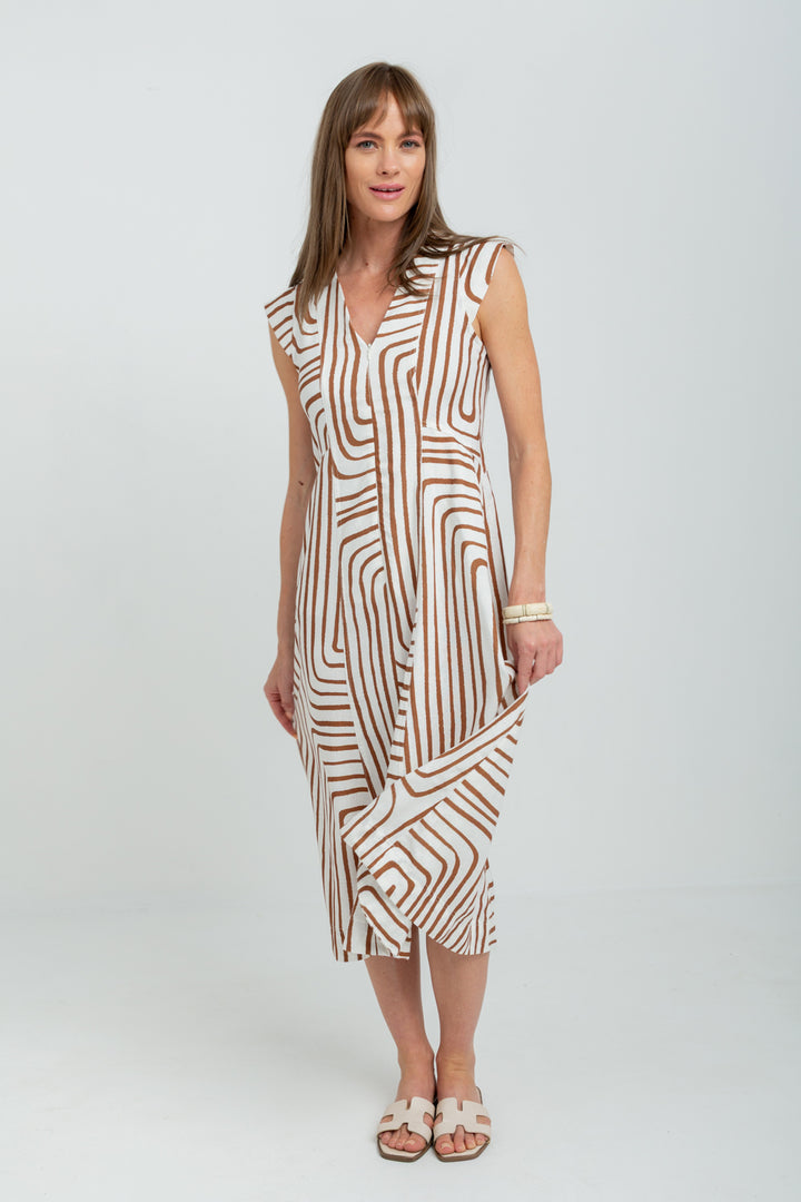 Gianna Dress Brown Geo Cap Sleeve-DRESSES-kindacollection-Kinda
