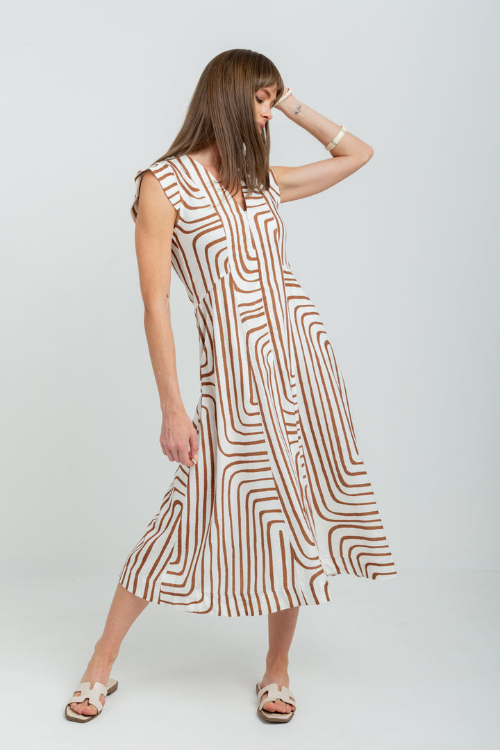 Gianna Dress Brown Geo Cap Sleeve-DRESSES-kindacollection-Kinda