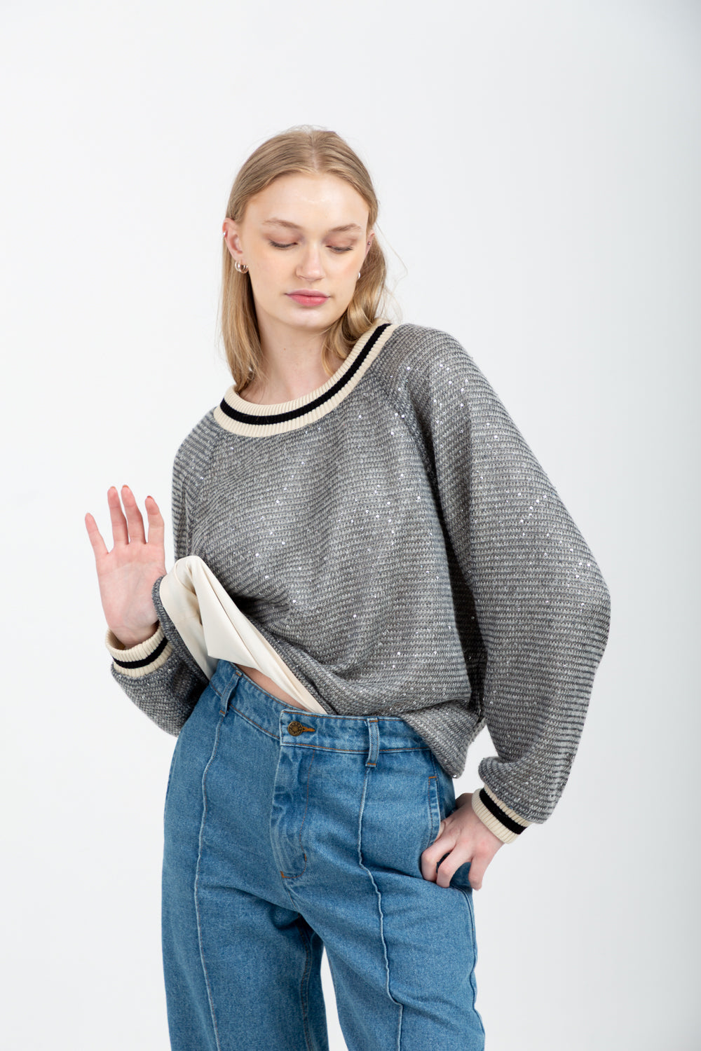 Madonna Knit Grey Sequin-TOPS-Kinda-Kinda