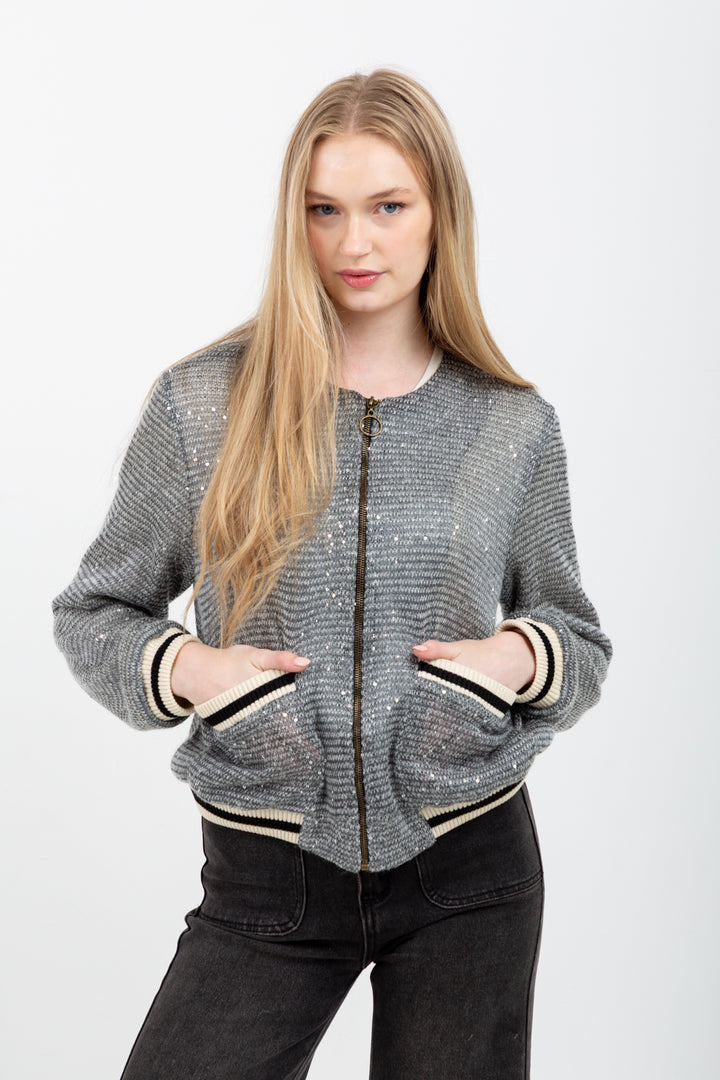 Beverly Bomber Knit Grey Sequin-TOPS-Kinda-Kinda