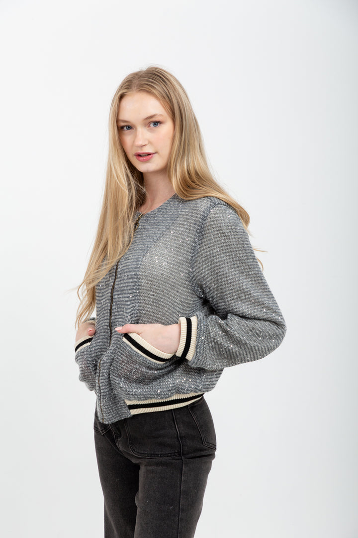 Beverly Bomber Knit Grey Sequin-TOPS-Kinda-Kinda
