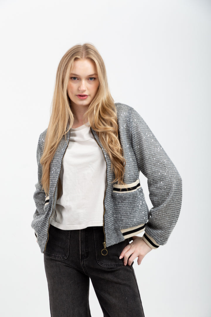Beverly Bomber Knit Grey Sequin-TOPS-Kinda-Kinda