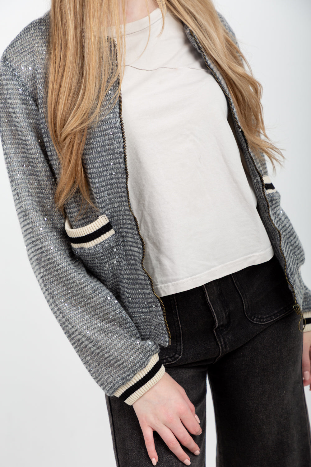 Beverly Bomber Knit Grey Sequin-TOPS-Kinda-Kinda