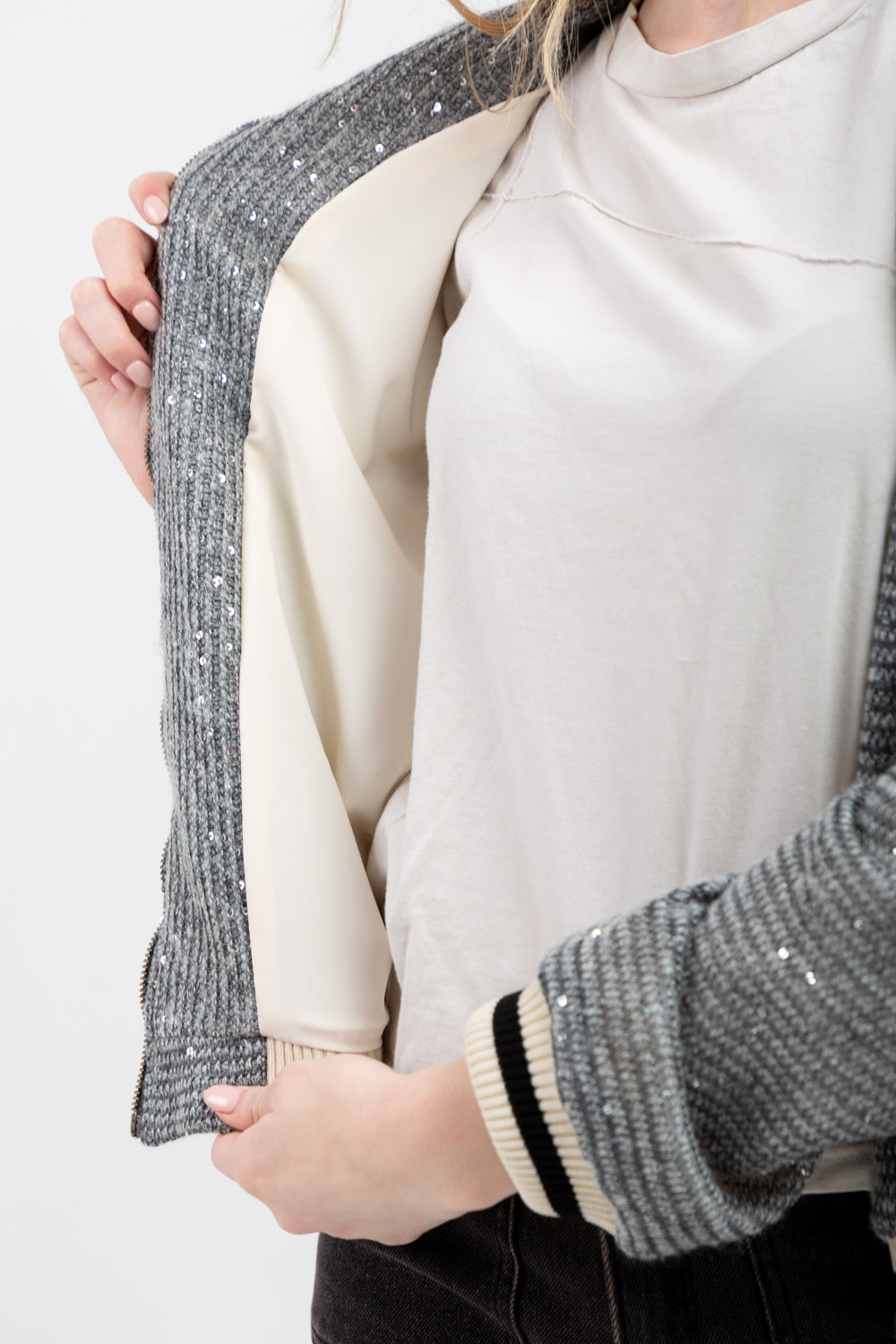 Beverly Bomber Knit Grey Sequin-TOPS-Kinda-Kinda