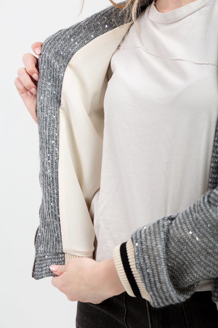 Beverly Bomber Knit Grey Sequin-TOPS-Kinda-Kinda