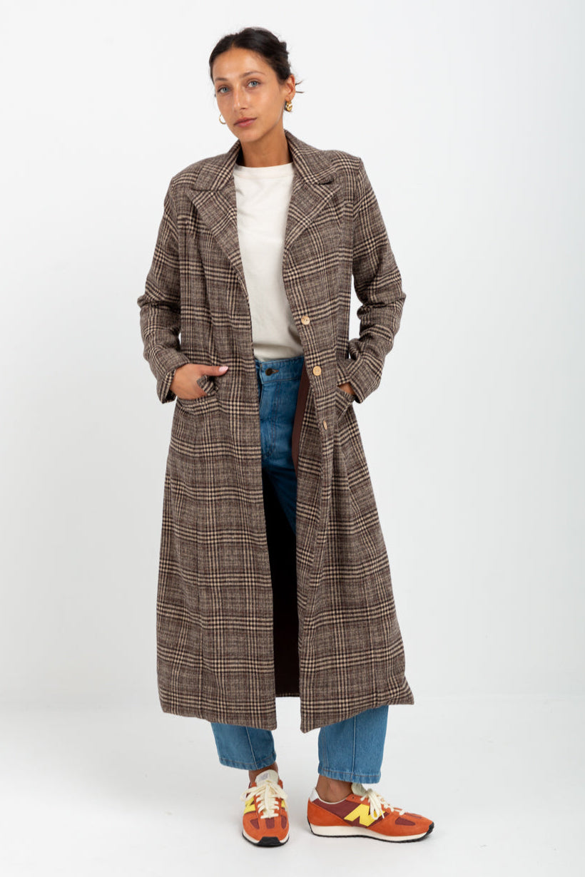 うみねこWOOL CHECK TRENCH COAT D.BROWN Thelma Coat Brown Check from Kinda