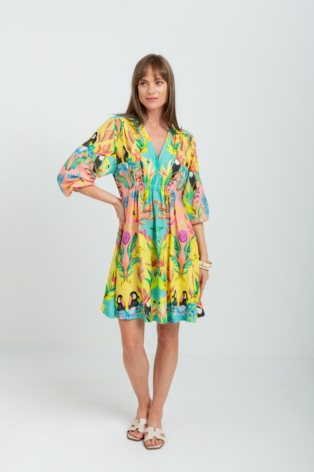 Arniston Short Dress Blue Toucan Print-DRESSES-Kinda-Kinda