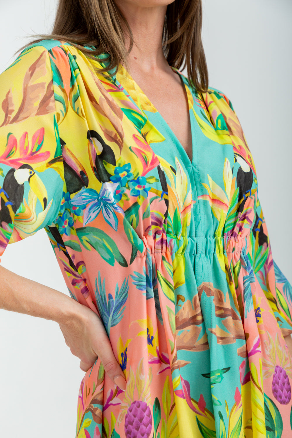 Arniston Short Dress Blue Toucan Print-DRESSES-Kinda-Kinda