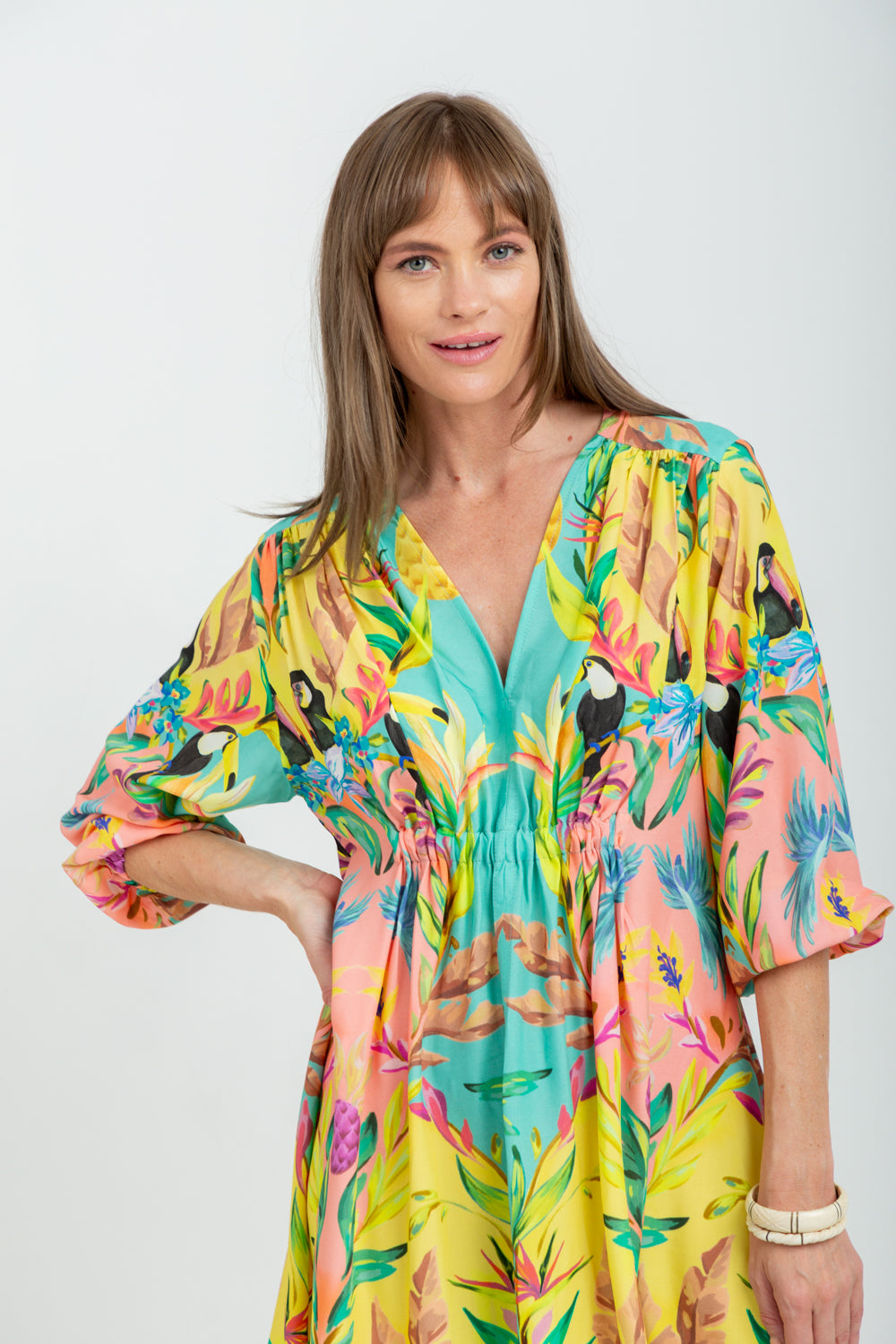 Arniston Short Dress Blue Toucan Print-DRESSES-Kinda-Kinda