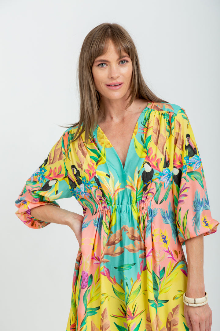 Arniston Short Dress Blue Toucan Print-DRESSES-Kinda-Kinda