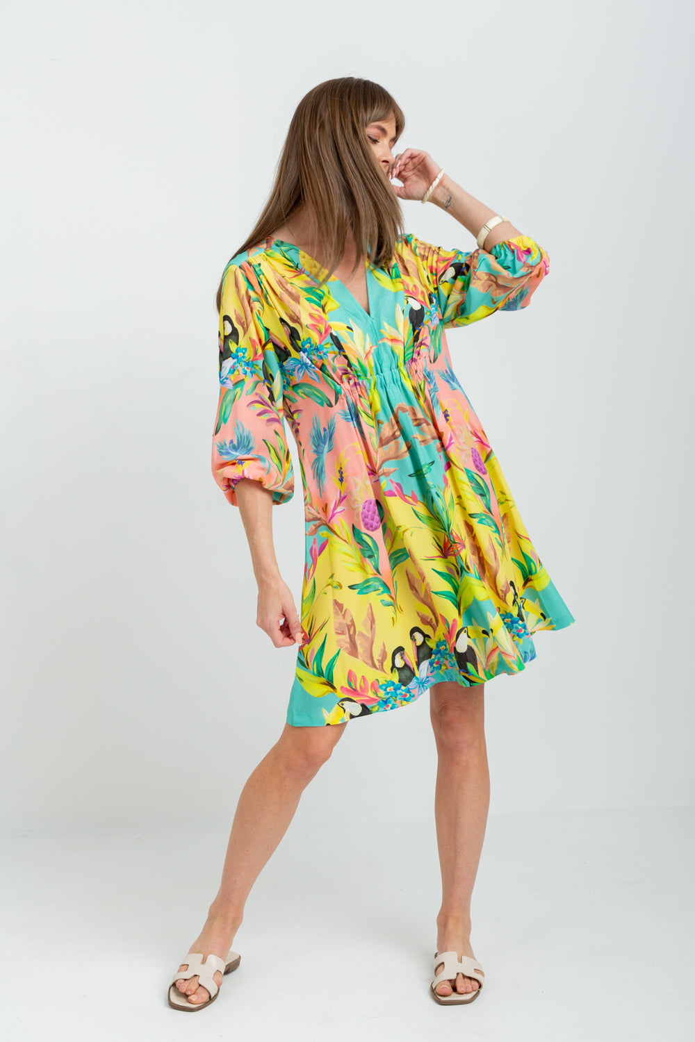 Arniston Short Dress Blue Toucan Print-DRESSES-Kinda-Kinda