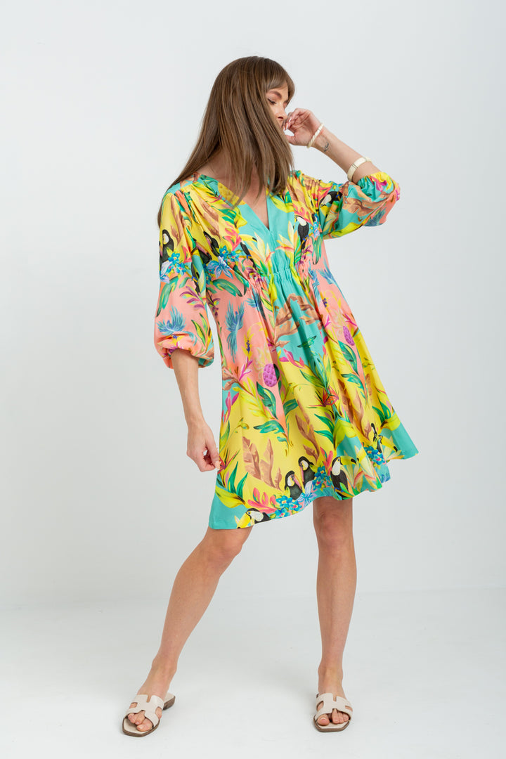 Arniston Short Dress Blue Toucan Print-DRESSES-Kinda-Kinda