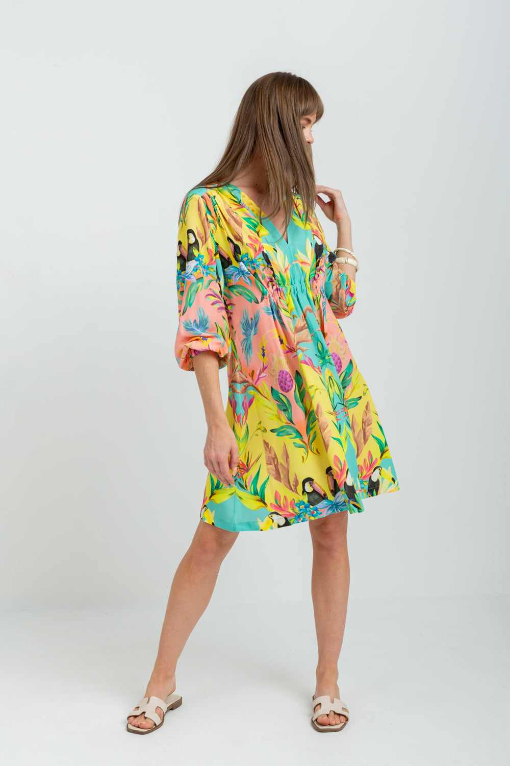 Arniston Short Dress Blue Toucan Print-DRESSES-Kinda-Kinda