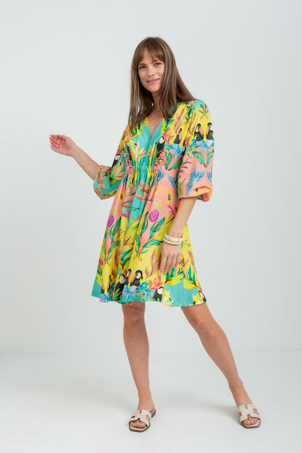 Arniston Short Dress Blue Toucan Print-DRESSES-Kinda-Kinda