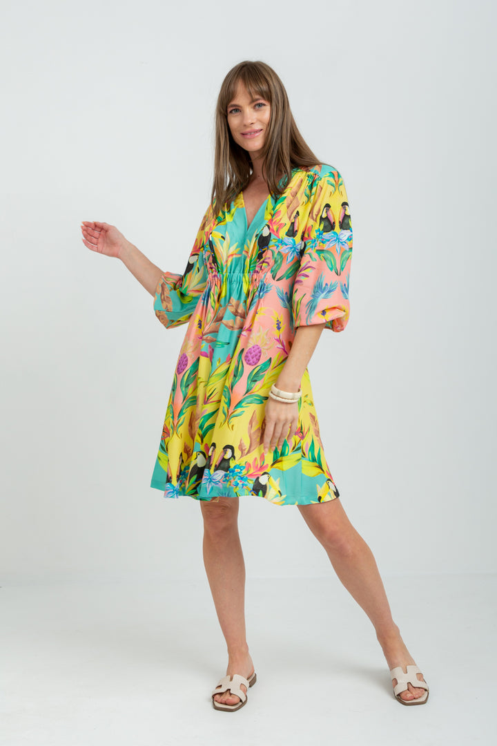 Arniston Short Dress Blue Toucan Print-DRESSES-Kinda-Kinda