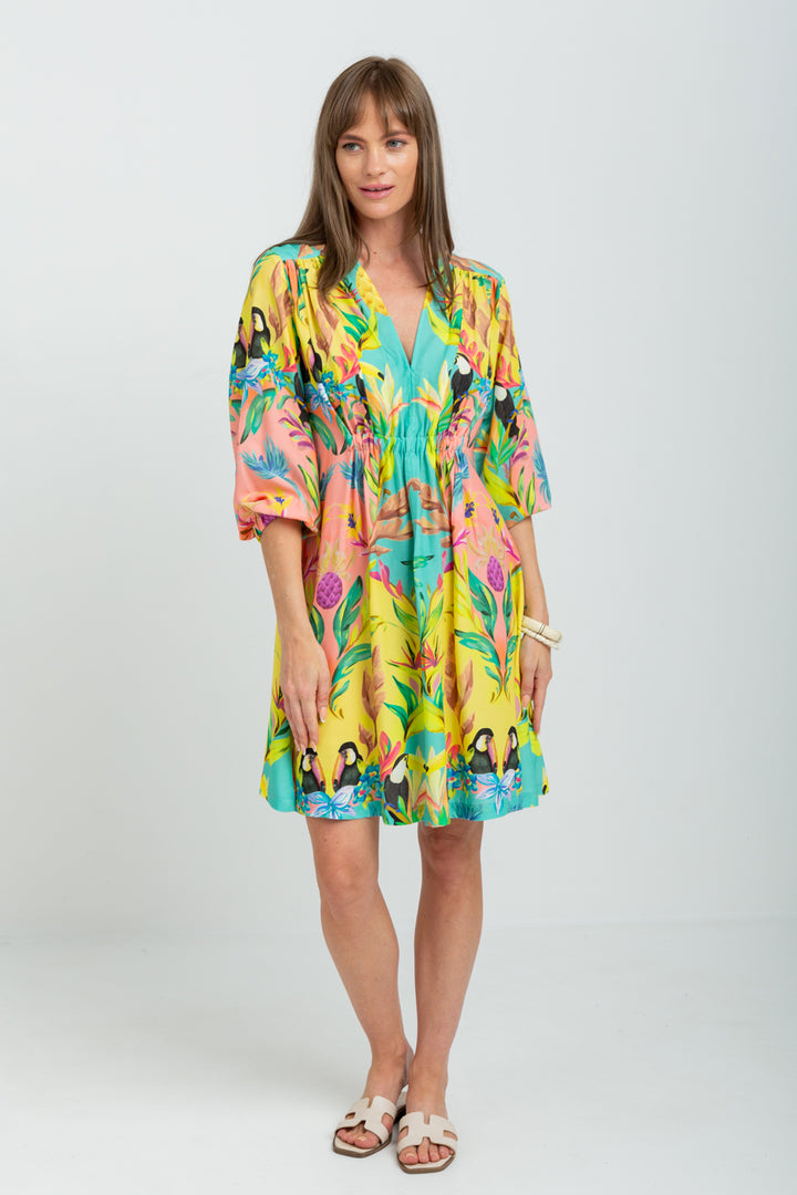 Arniston Short Dress Blue Toucan Print-DRESSES-Kinda-Kinda