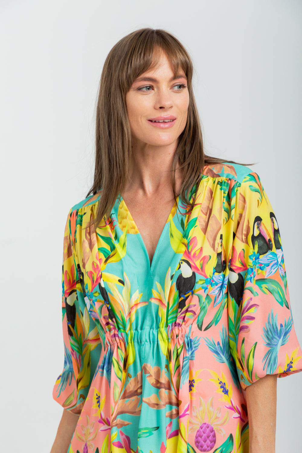 Arniston Short Dress Blue Toucan Print-DRESSES-Kinda-Kinda