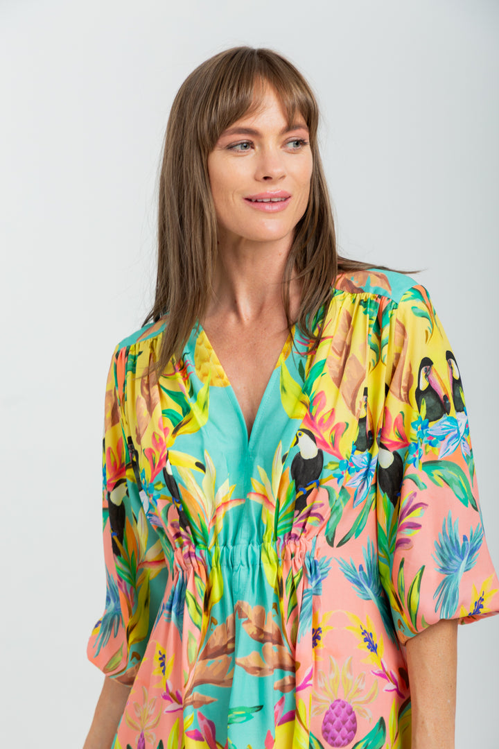 Arniston Short Dress Blue Toucan Print-DRESSES-Kinda-Kinda