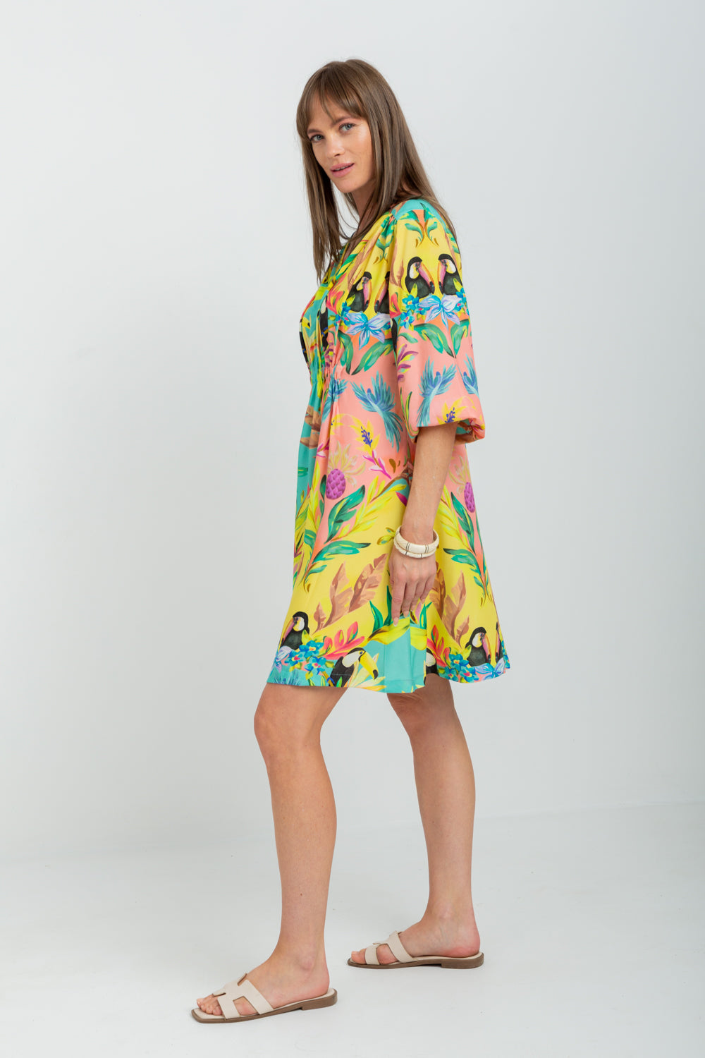 Arniston Short Dress Blue Toucan Print-DRESSES-Kinda-Kinda