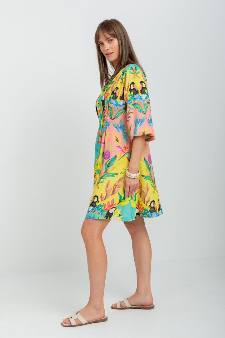 Arniston Short Dress Blue Toucan Print-DRESSES-Kinda-Kinda