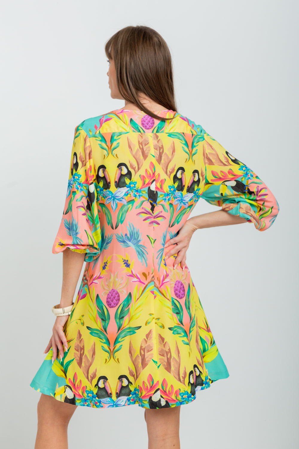 Arniston Short Dress Blue Toucan Print-DRESSES-Kinda-Kinda