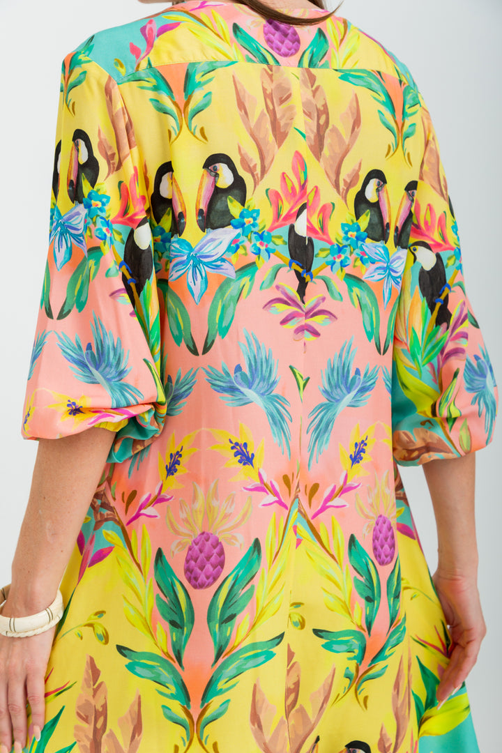 Arniston Short Dress Blue Toucan Print-DRESSES-Kinda-Kinda