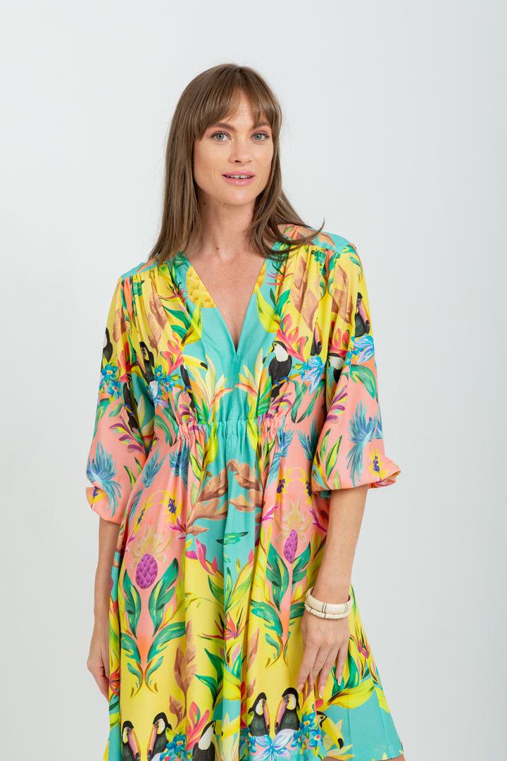 Arniston Short Dress Blue Toucan Print-DRESSES-Kinda-Kinda