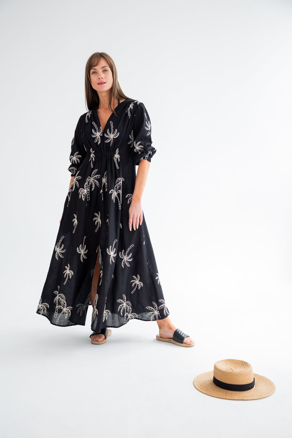 Arniston Dress Black Palm-DRESSES-Kinda-Kinda