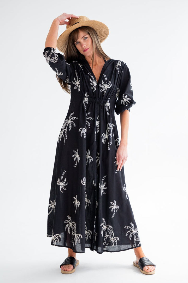 Arniston Dress Black Palm-DRESSES-Kinda-Kinda