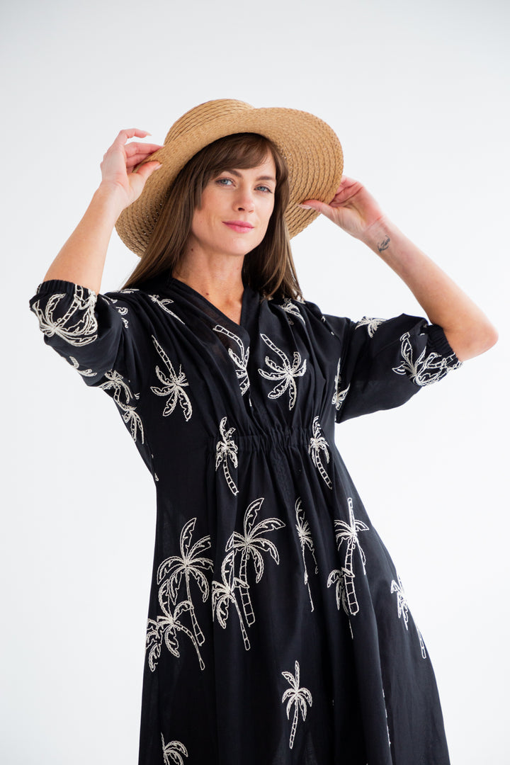 Arniston Dress Black Palm-DRESSES-Kinda-Kinda