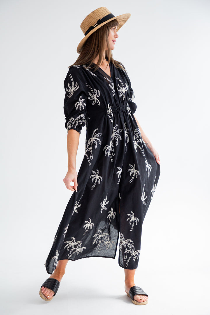 Arniston Dress Black Palm-DRESSES-Kinda-Kinda