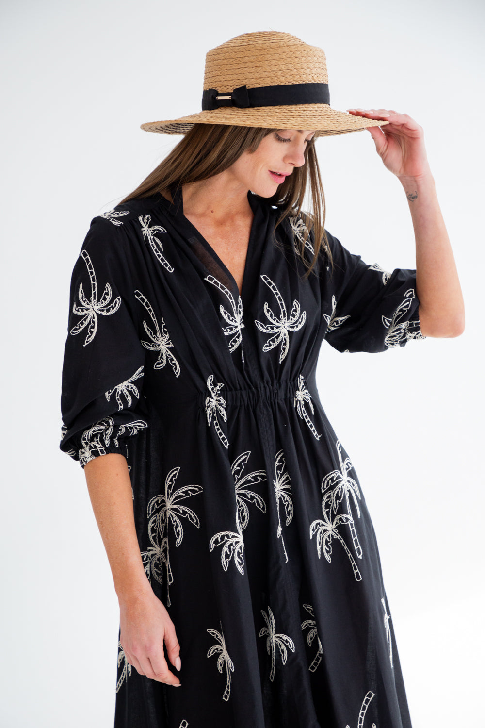 Arniston Dress Black Palm-DRESSES-Kinda-Kinda