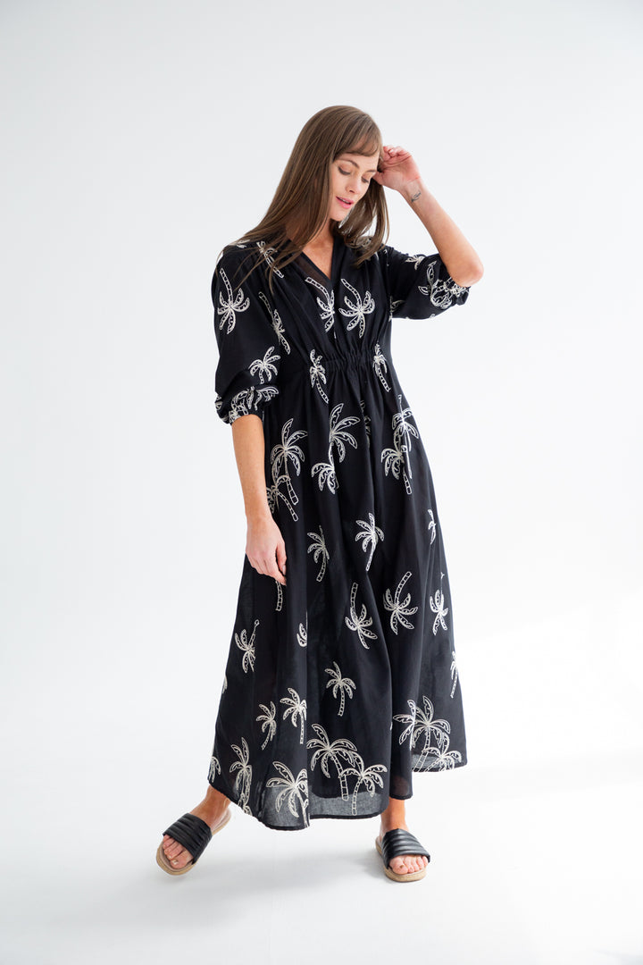 Arniston Dress Black Palm-DRESSES-Kinda-Kinda