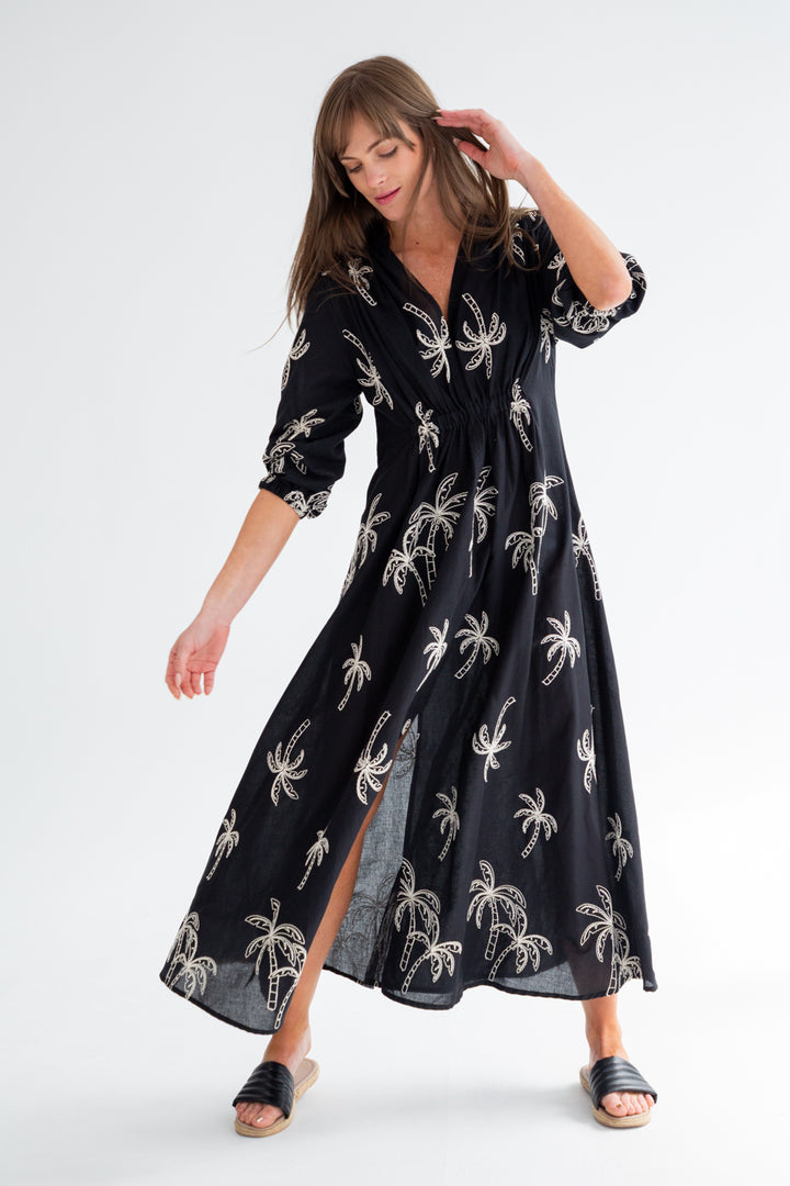 Arniston Dress Black Palm-DRESSES-Kinda-Kinda