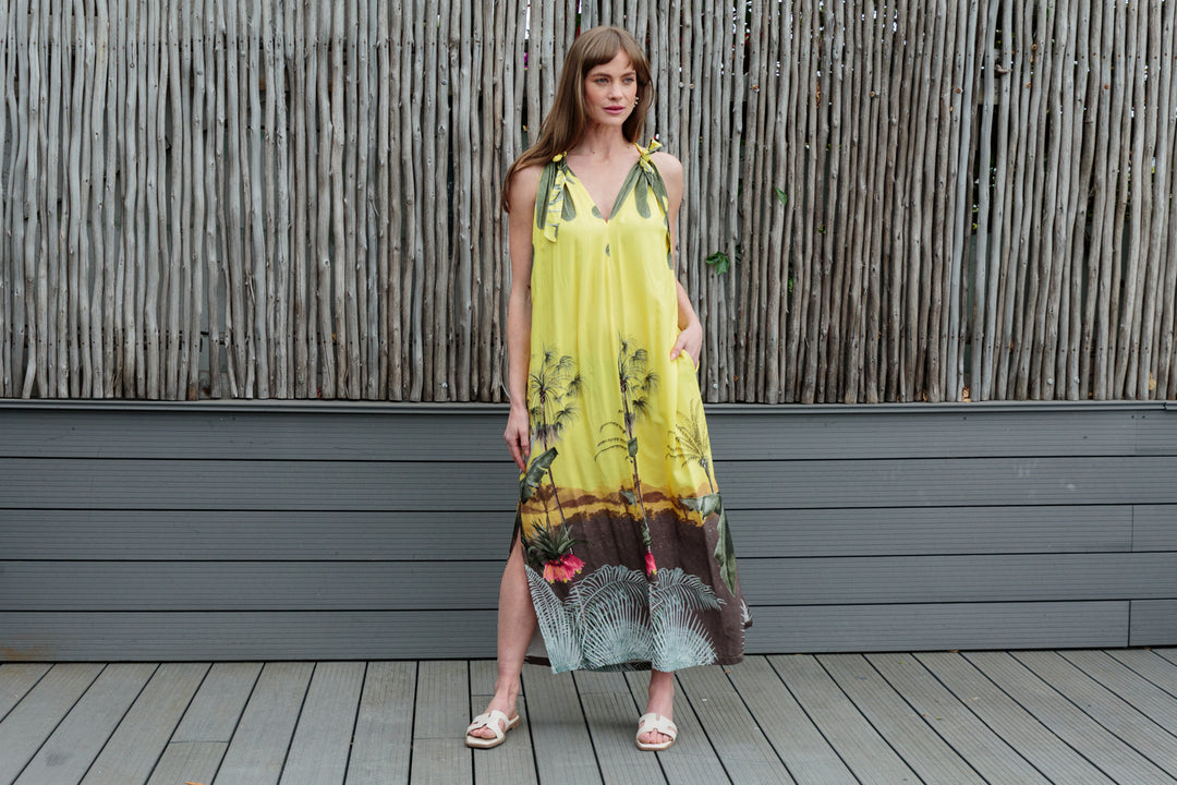 Abi Dress Yellow Palm Print-DRESSES-kindacollection-Kinda