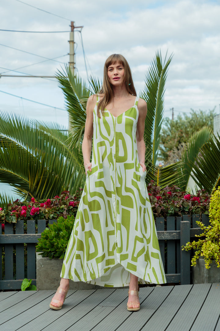 Phoebe Dress Green Geo Print-DRESSES-kindacollection-Kinda