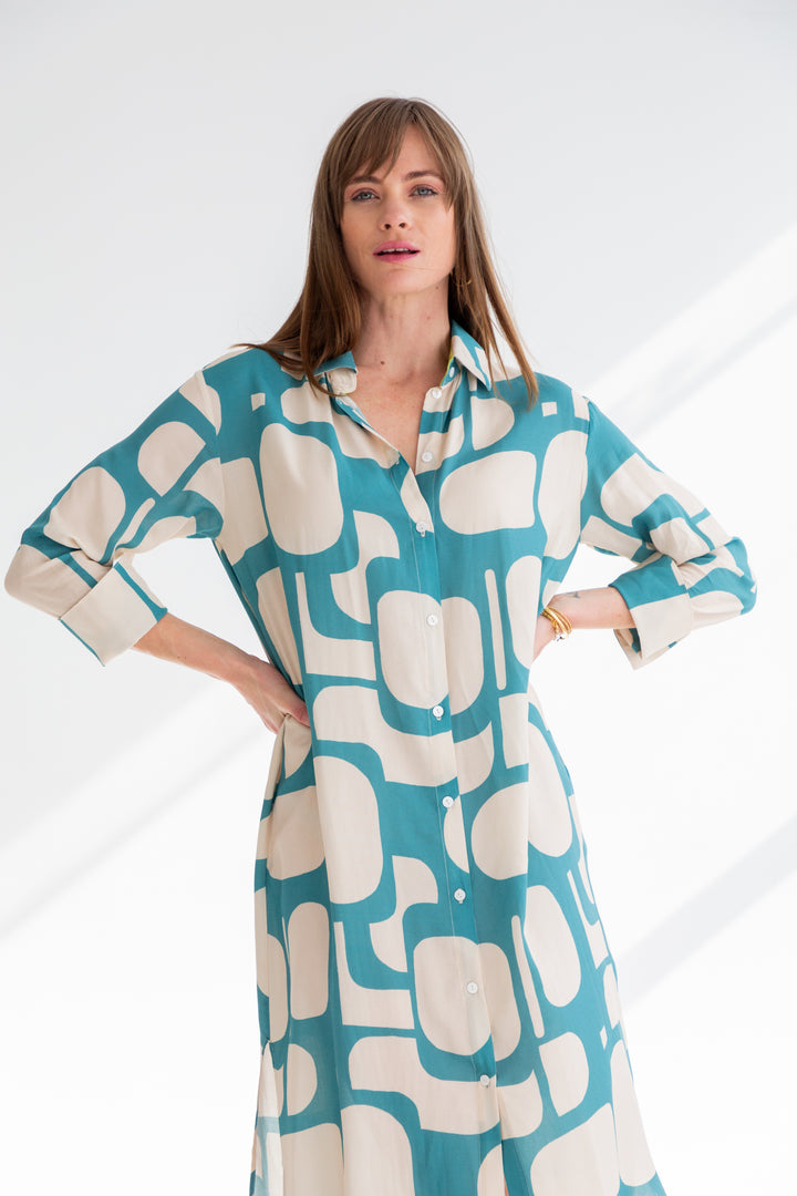 Evie Dress Blue Pebble Print-DRESSES-kindacollection-Kinda