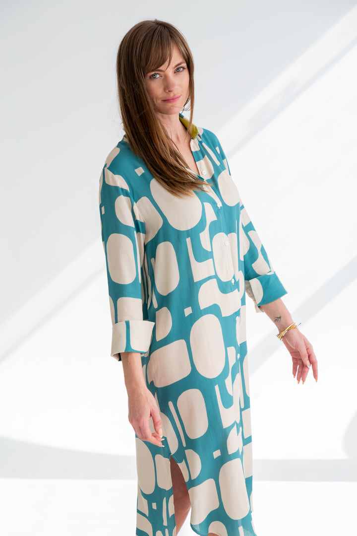 Evie Dress Blue Pebble Print-DRESSES-kindacollection-Kinda