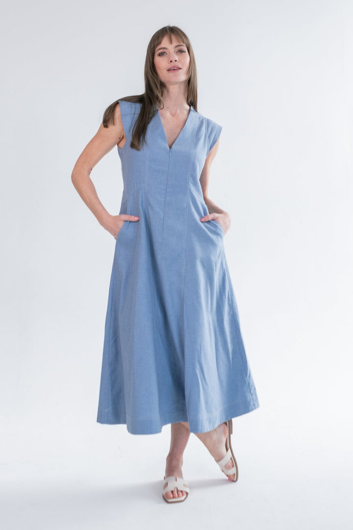 Gianna Dress Denim Cap Sleeve-DRESSES-kindacollection-Kinda