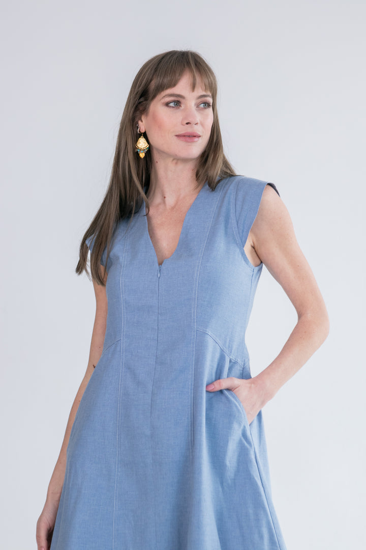 Gianna Dress Denim Cap Sleeve-DRESSES-kindacollection-Kinda