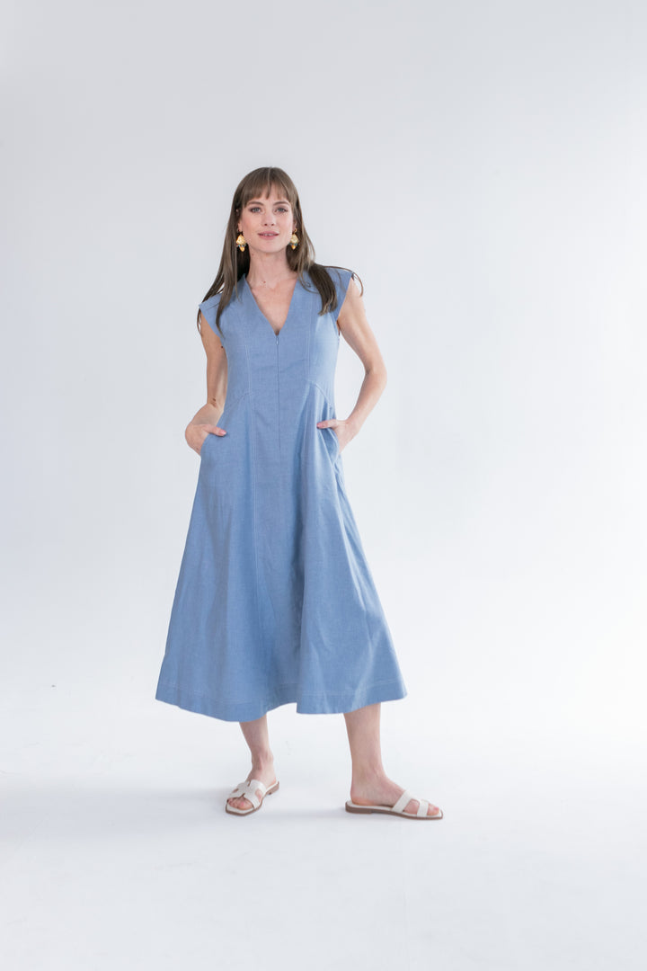 Gianna Dress Denim Cap Sleeve-DRESSES-kindacollection-Kinda
