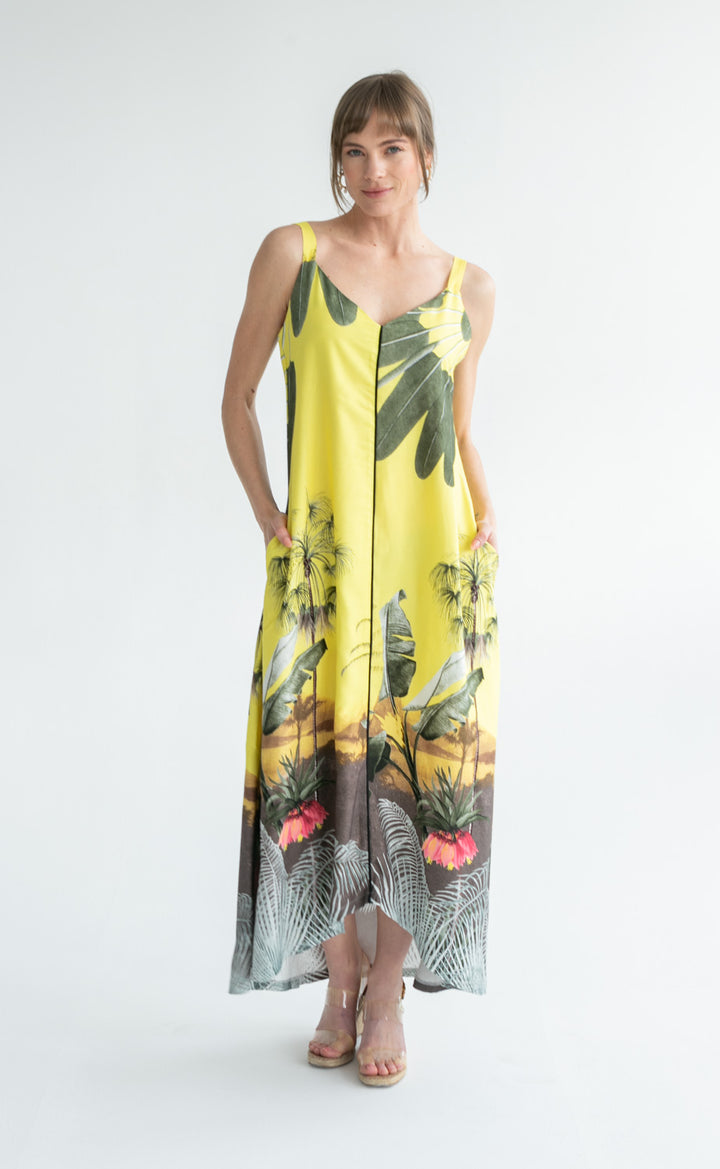 Phoebe Dress Yellow Palm Print-DRESSES-kindacollection-Kinda