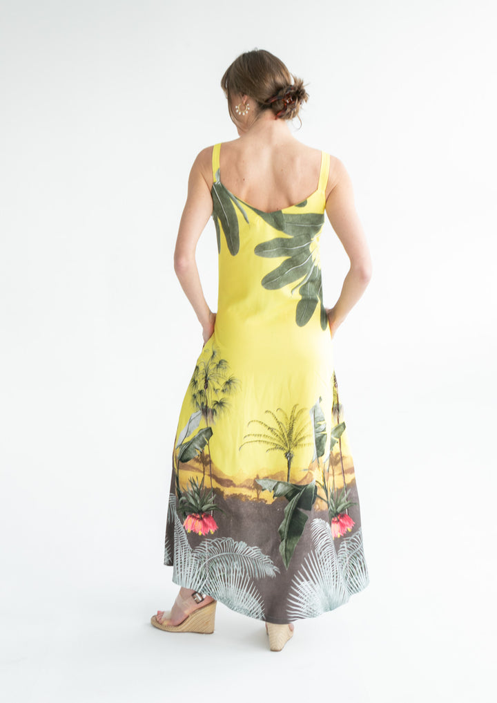 Phoebe Dress Yellow Palm Print-DRESSES-kindacollection-Kinda